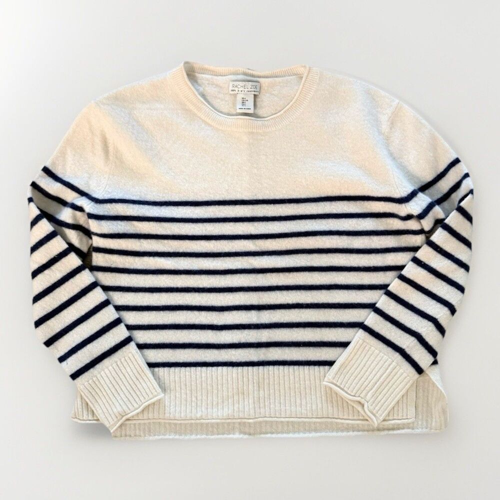 Rachel Zoe Sweater Size Large 100% Cashmere Cream Navy Stripe Crewneck Knit